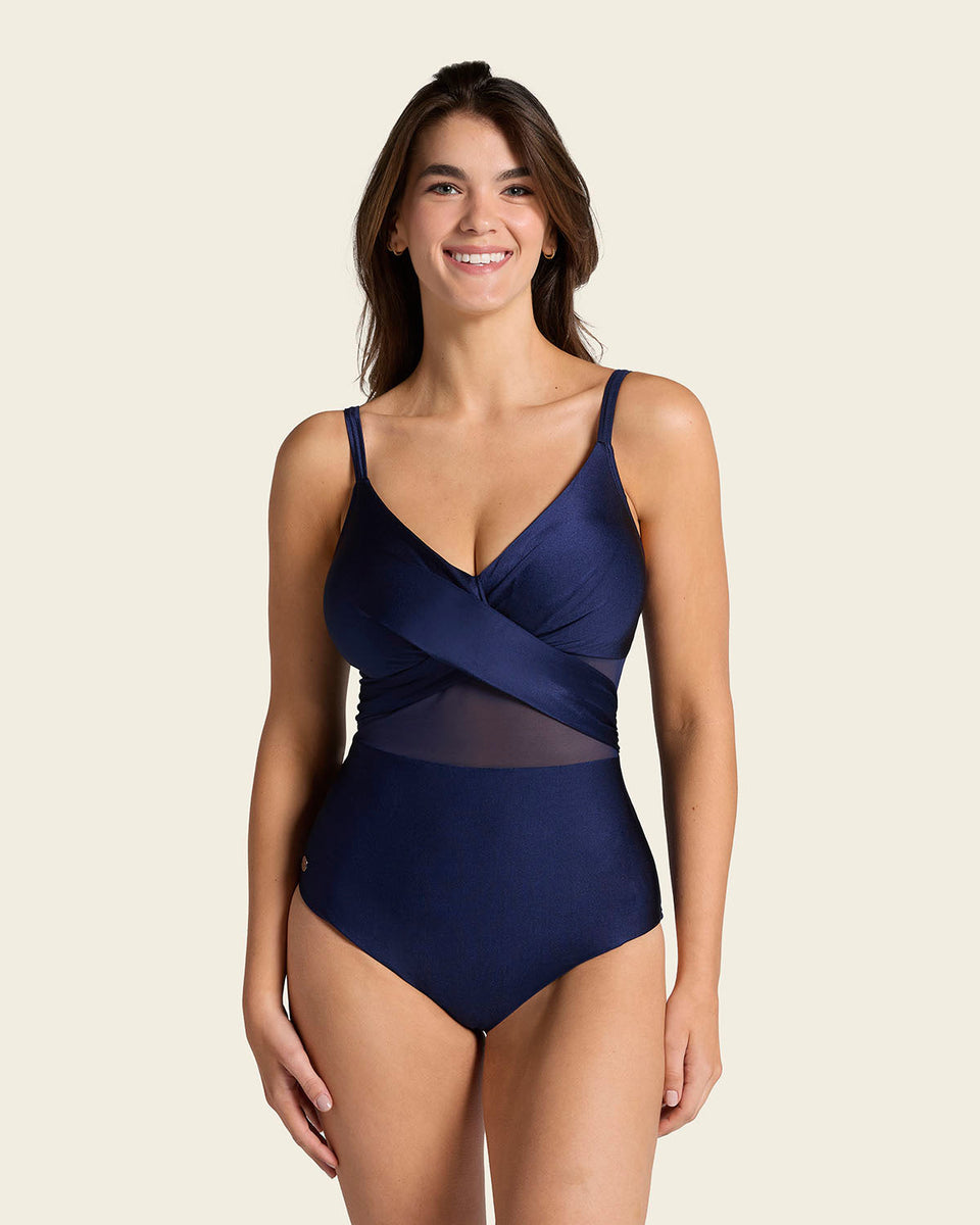 Vestido de baño entero con escote cruzado y tela con brillo