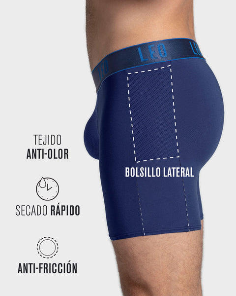 Paquete x 3 bóxers deportivos largos con bolsillo lateral en microfibra de secado rápido
