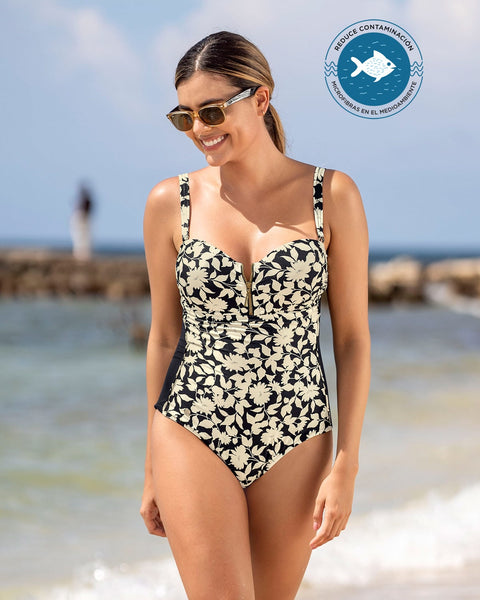 Traje de baño strapless bio-pet de control suave en abdomen#color_744-estampado-flores-negro