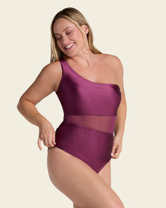 Traje de baño entero de un solo hombro con control suave de abdomen bajo#color_466-vinotinto
