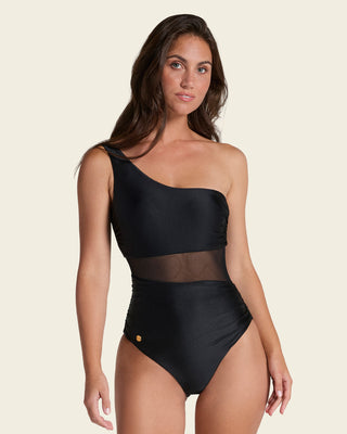 Traje de baño entero de un solo hombro con control suave de abdomen bajo#color_700-negro