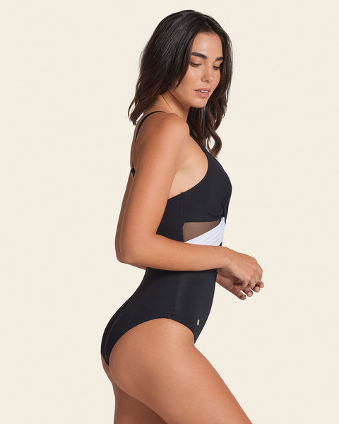 Traje de baño entero control suave de abdomen elaborado con nylon reciclado#color_701-negro-blanco