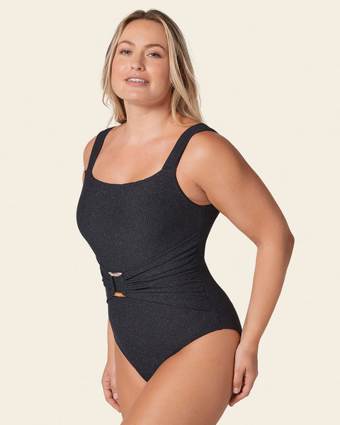 Traje de baño con faja de control fuerte de abdomen y tela con brillo#color_700-negro