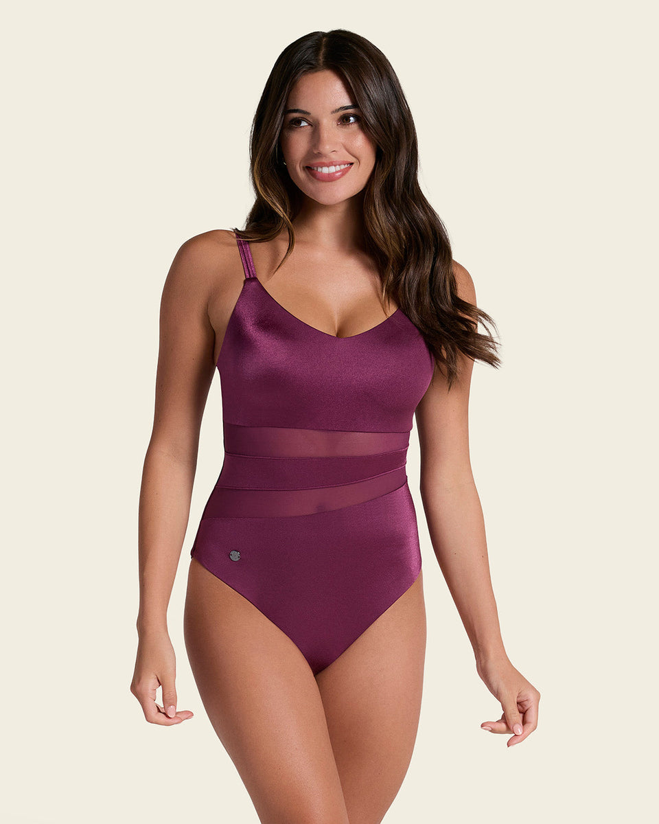 Traje de baño entero de control con franjas en tul y tela con brillo