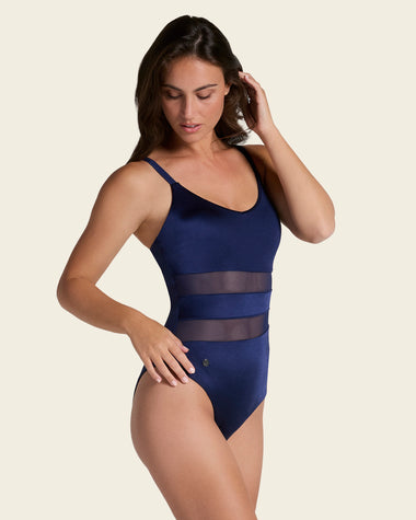 Traje de baño entero de control con franjas en tul y tela con brillo#color_509-azul