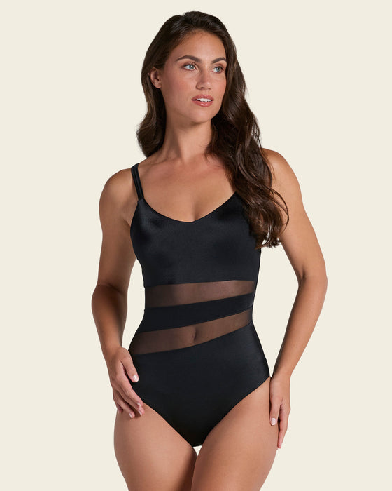 Traje de baño entero de control con franjas en tul y tela con brillo#color_700-negro