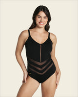 Traje de baño entero control suave de abdomen con diseño geométrico en tul#color_700-negro
