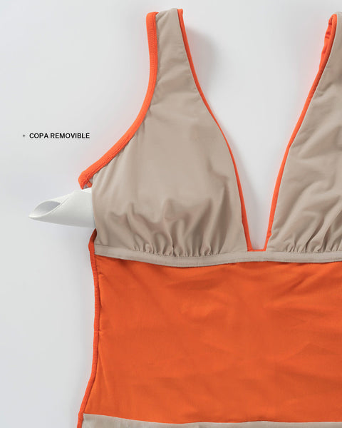 Traje de baño de control suave y copas removibles y abdomen en tul#color_205-naranja