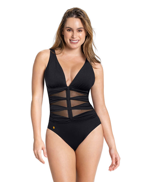 Traje de baño de control suave y copas removibles y abdomen en tul#color_700-negro