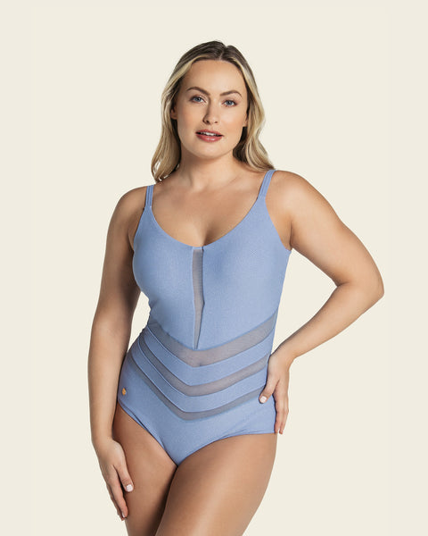 Traje de baño tecnología control suave de abdomen anudable en espalda#color_512-azul-claro